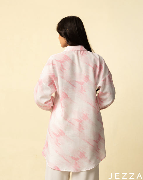 Blushing Canvas: Pink-White Abstract Collared Long-Sleeve Top 77141