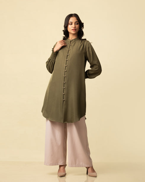 Moss Grace: Mandarin Collar Knee Top 76241