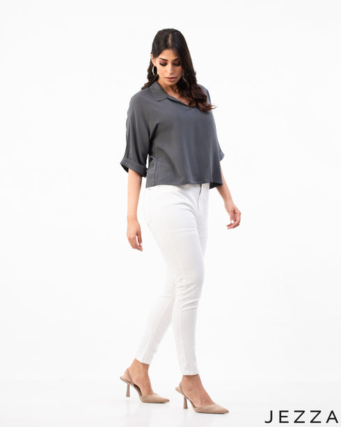 Refined Ease: Linen Collared Crop Top 72911