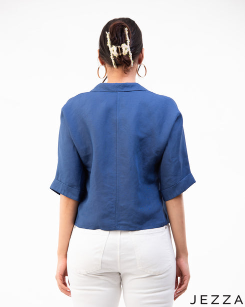 Refined Ease: Linen Collared Crop Top 71261