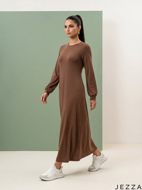 Cinnamon Drift: Brown Rib Knit A-Line Dress 77211