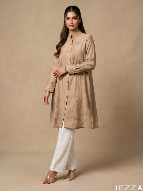 Desert Sand: Mandarin Collar Knee Top 77671