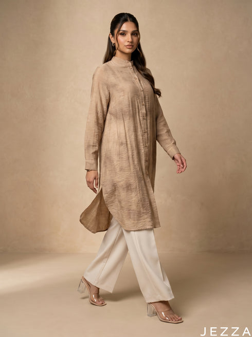 Desert Sand: Mandarin Collar Knee Top 77671
