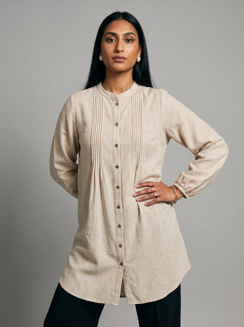 Cream Serenity: Cotton Mandarin Knee Top 81691