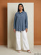 Deep Blue Ease: Relaxed Poly Cotton Below Hip Top 90362