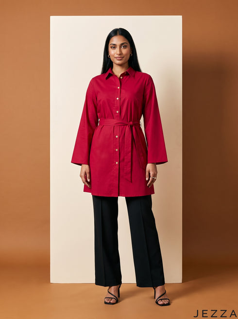 Ruby Ease: Red Poly Cotton Above Knee Top 90731