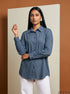 Deep Blue Ease: Relaxed Poly Cotton Below Hip Top 90362