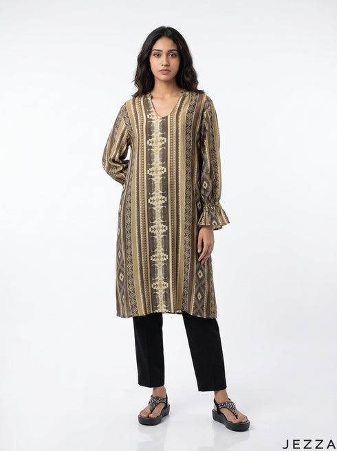 Linear Flow: Mandarin Collar Knee Top 83881