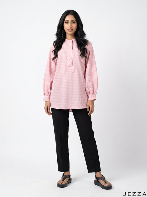 Pink Grid: Long Sleeve Below Hip Top 72721