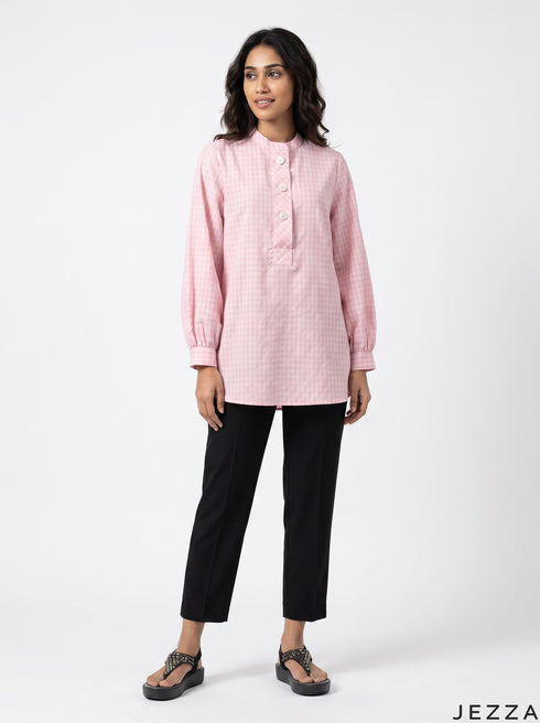 Pink Grid: Long Sleeve Below Hip Top 72721