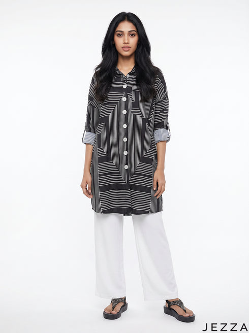 Mono Grid: Linear Print Shirt Top 81231