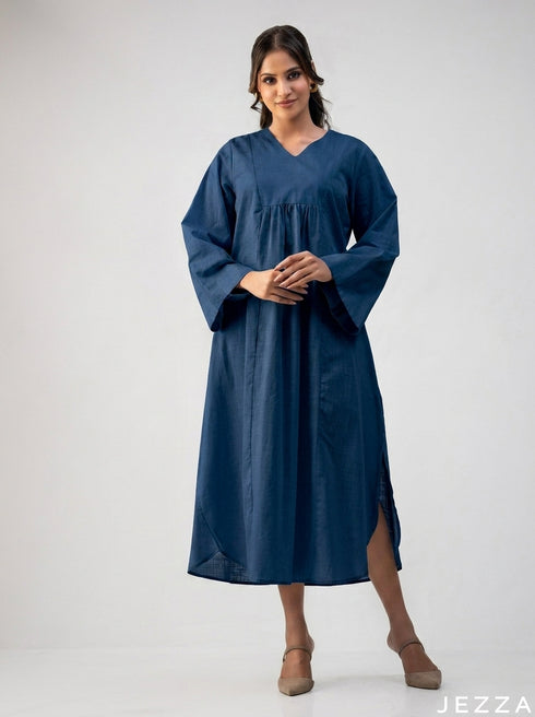 Soft Poise: Linen Midi Dress with Front Yoke Gathers 75721