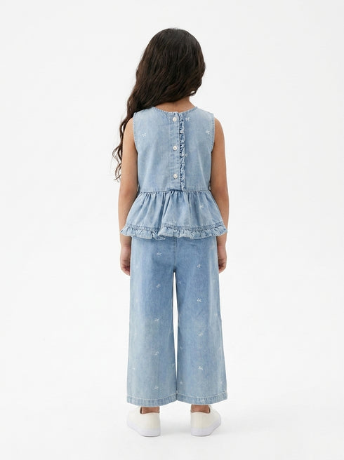 Girls Light Wash Denim Peplum Top & Wide Leg Trouser Set 91011