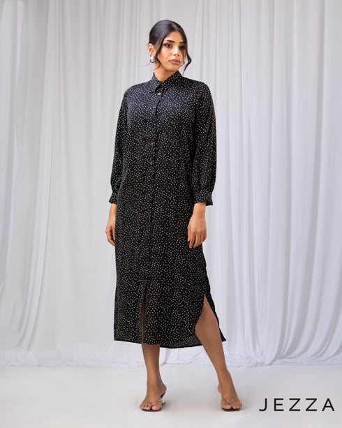 Refined Ease: Long-Sleeve Button Midi Dress-Top 72351
