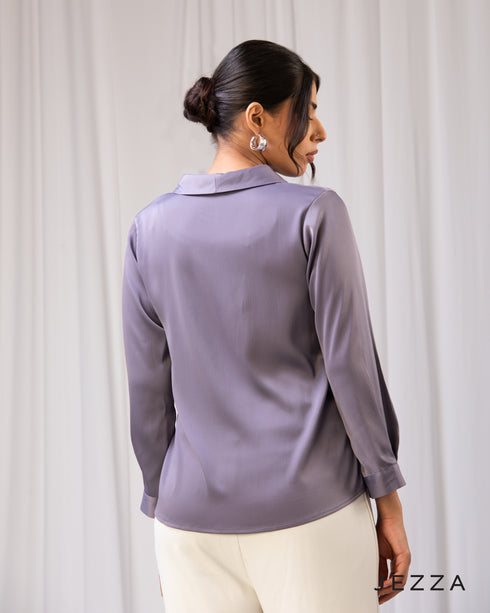 Sculpted Elegance: Shawl Collar Crinkle Satin Top 64921