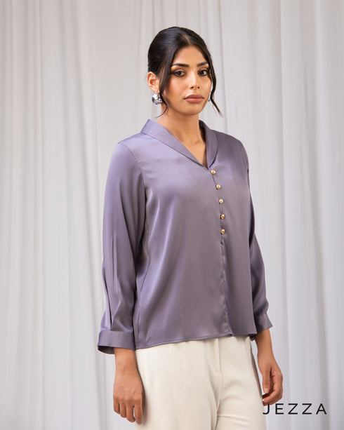 Sculpted Elegance: Shawl Collar Crinkle Satin Top 64921
