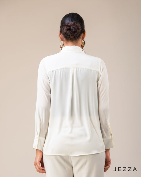 Classic Poise: Hip-Length Polyester Shirt Blouse 65041