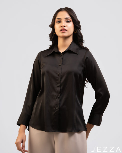 Timeless Elegance: Formal Black Blouse with Collar 77411