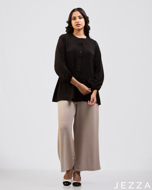 Timeless Noir: Black Long-Sleeve Formal Blouse 75482