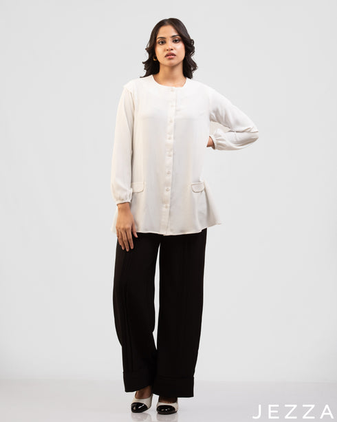 Pristine Poise: White Relaxed-Fit Formal Blouse 75481