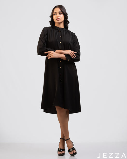 Midnight Form: Black Mandarin-Collar Knee Top 76182