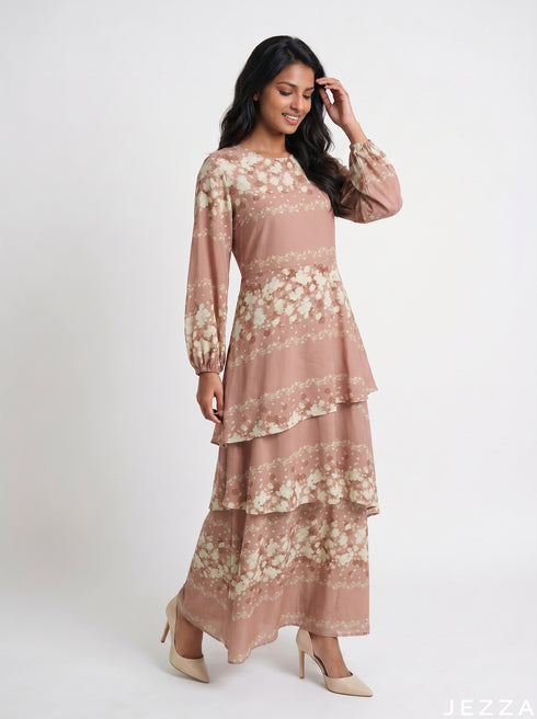 Floral Haze: Flowing Long Sleeve Dress 81761