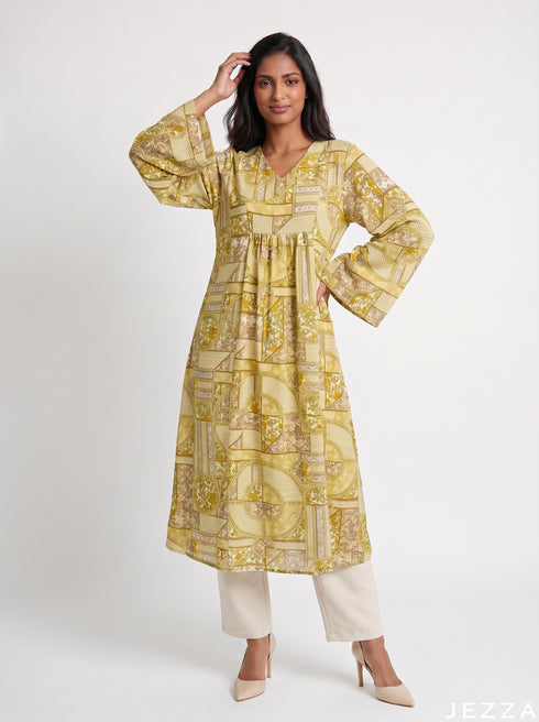 Eclectic Harmony: Patchwork Print Midi Top 79502