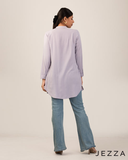 Modern Ease: Mandarin Collar Long Sleeve Top 71912