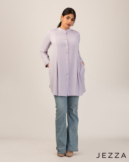 Modern Ease: Mandarin Collar Long Sleeve Top 71912