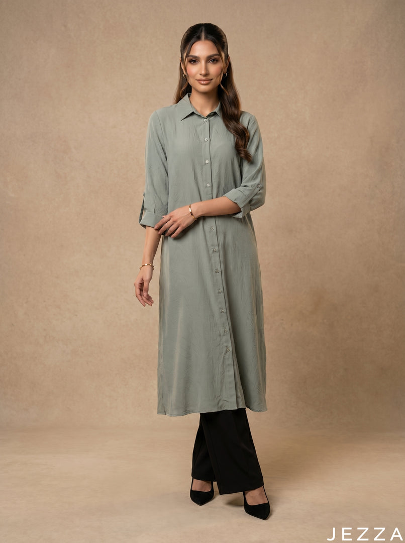 Earthbound Elegance: Smoke Green Midi Top 82913