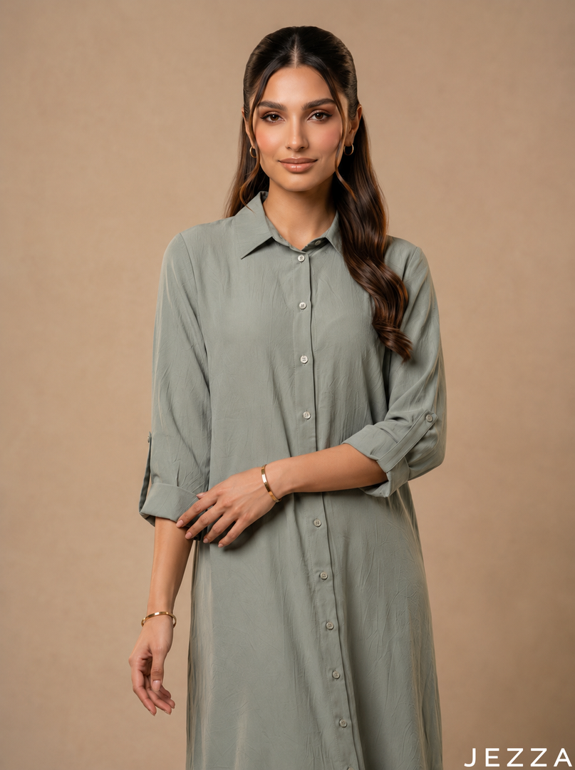 Earthbound Elegance: Smoke Green Midi Top 82913
