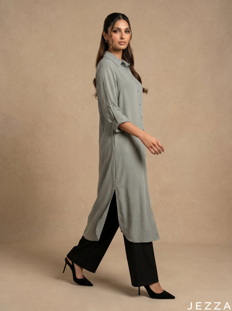 Earthbound Elegance: Smoke Green Midi Top 82913