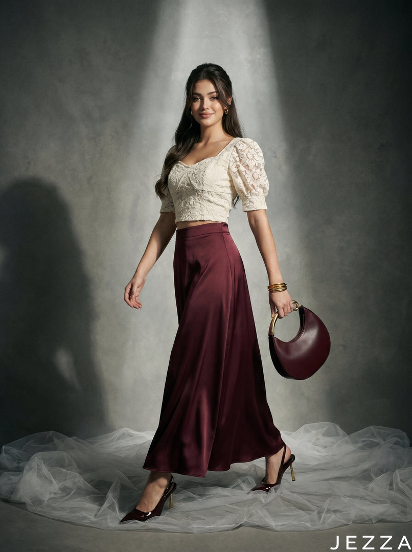 Wine Glide: Burgundy Satin Skirt 87341