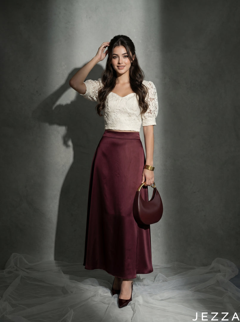 Wine Glide: Burgundy Satin Skirt 87341