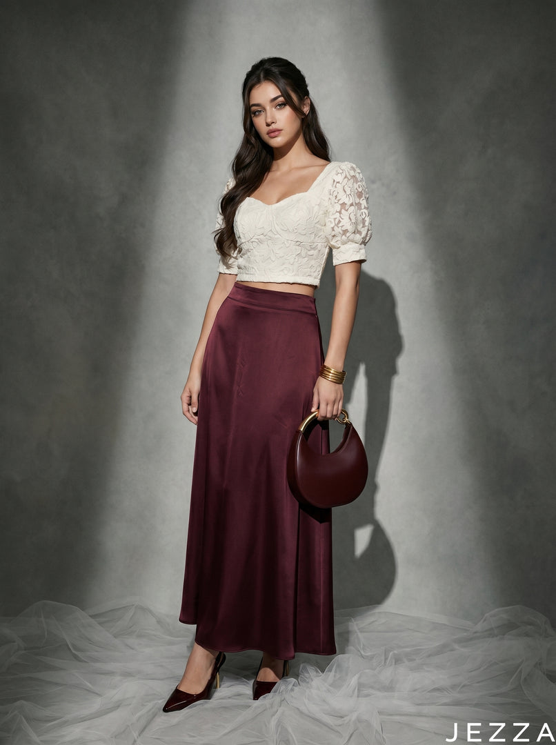 Wine Glide: Burgundy Satin Skirt 87341