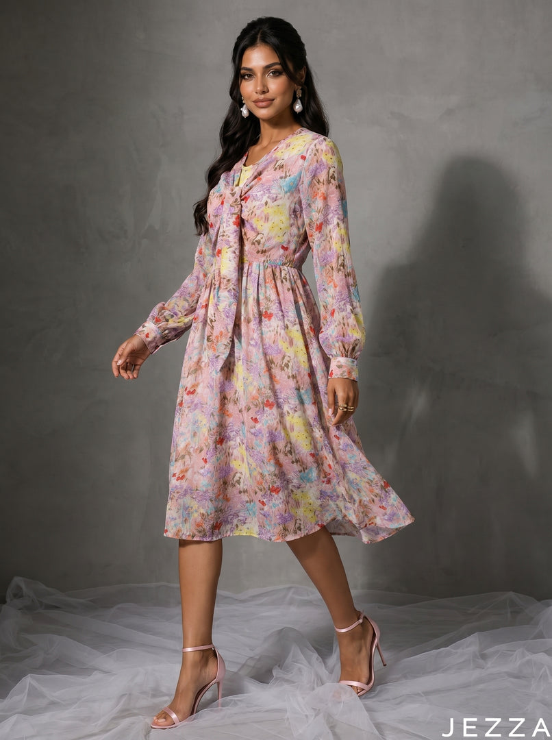 Petal Story: Floral Chiffon Knee Dress 87571