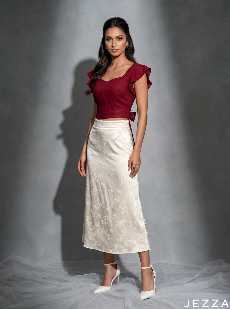 Soft Ivory Drift: Off White Satin Skirt 81741