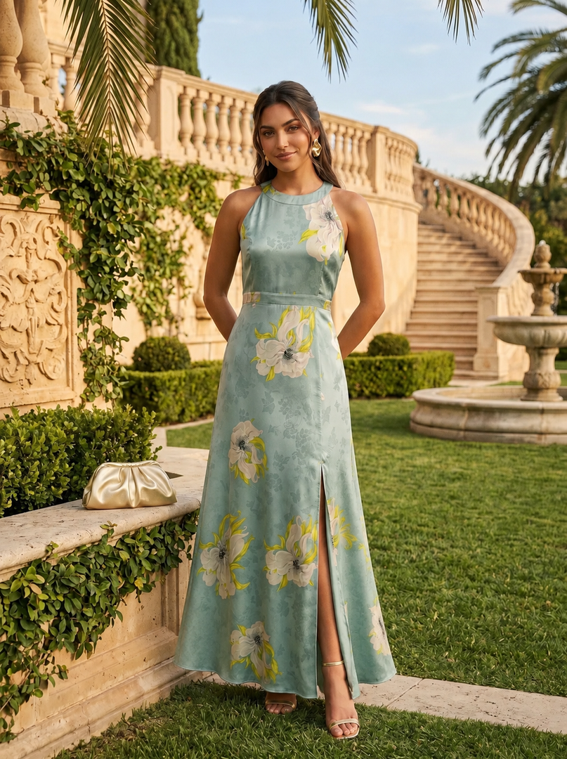 Bloom Silhouette: Floral Satin Long Dress 88381