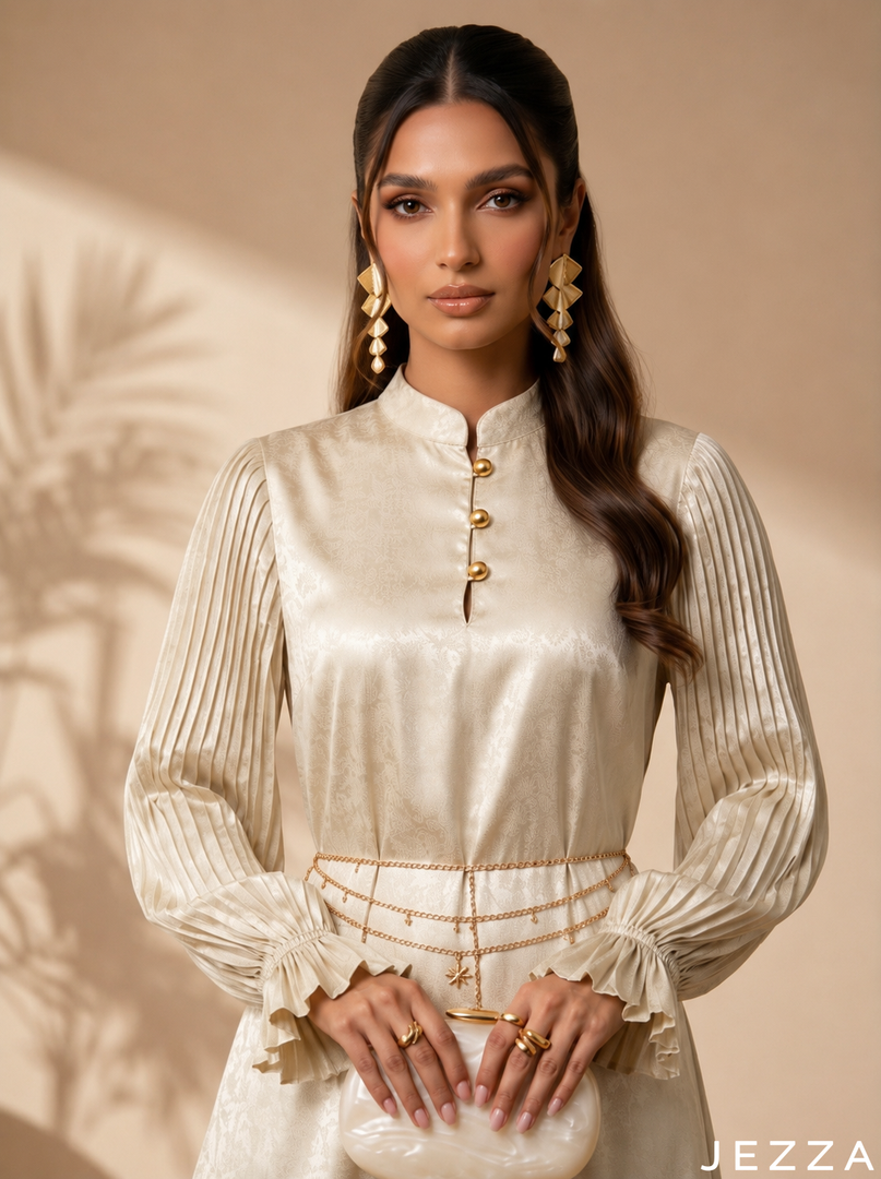 Bloom Cascade: Mandarin Collar Satin Dress 87911