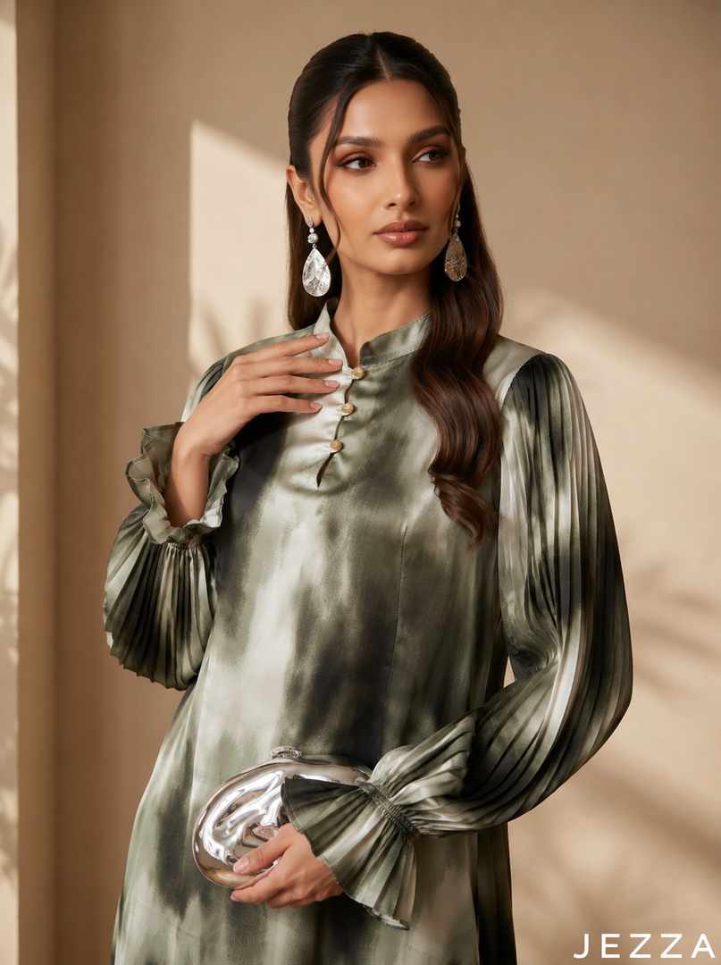 Verdant Wash: Satin A-Line Maxi Dress 86641