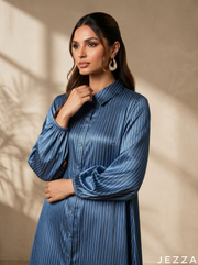 Regal Contrast: Blue & Gold Stripe Midi Top 86434