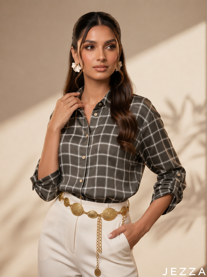 Contemporary Chic: Windowpane Grid Satin Top 82441