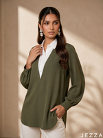 Load image into Gallery viewer, Natural Contrast: White &amp; Olive Green Top 76002