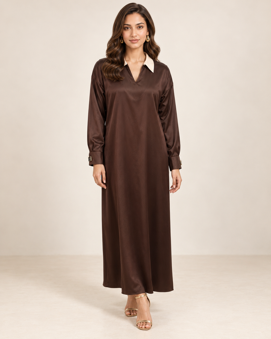 Satin Contrast Panel Relaxed Chocolate Brown & Cream Maxi Dress 92361