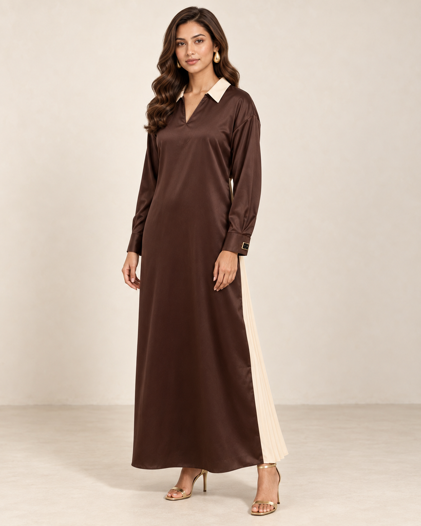 Satin Contrast Panel Relaxed Chocolate Brown & Cream Maxi Dress 92361