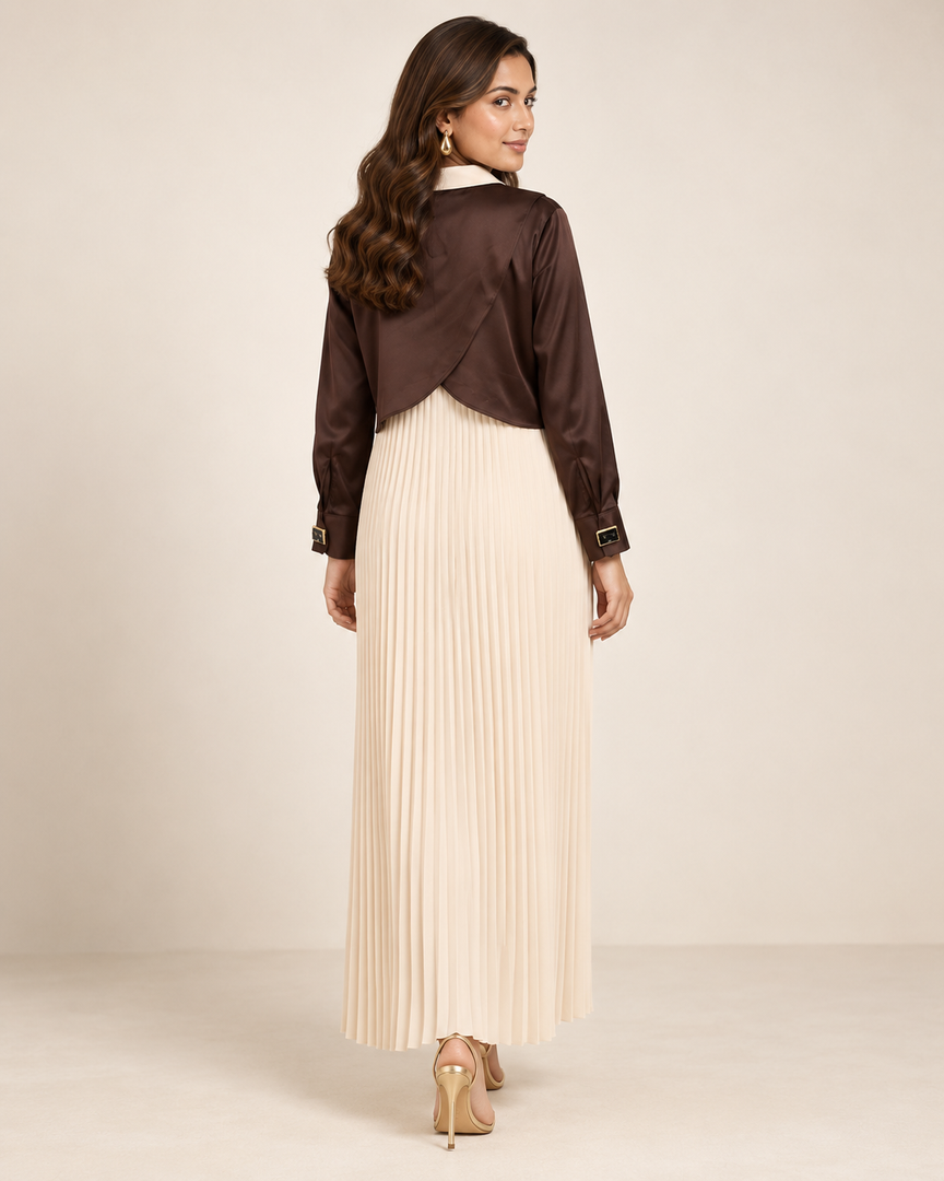 Satin Contrast Panel Relaxed Chocolate Brown & Cream Maxi Dress 92361