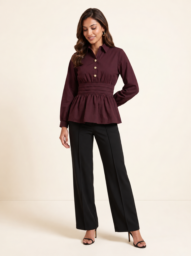 Burgundy Waist Pleated Hip Top 91823