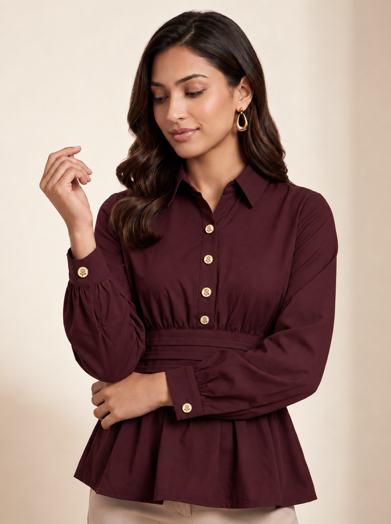 Burgundy Waist Pleated Hip Top 91823