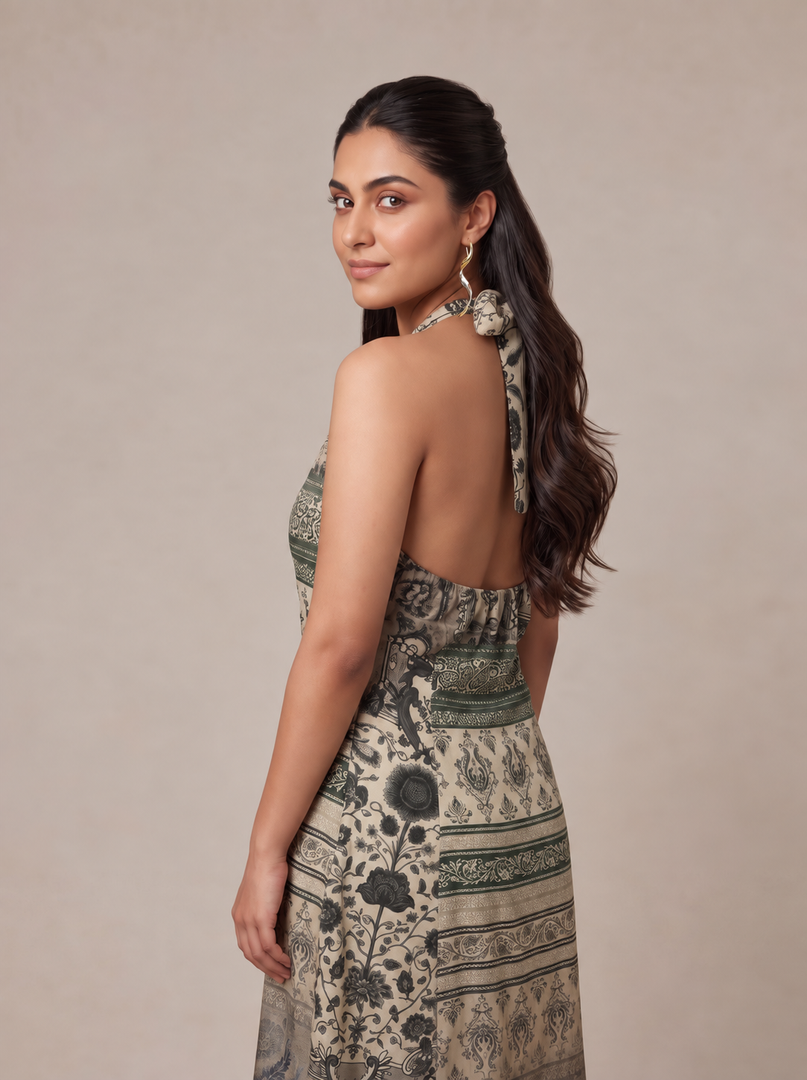 Printed Cotton Halter Midi Dress 87671
