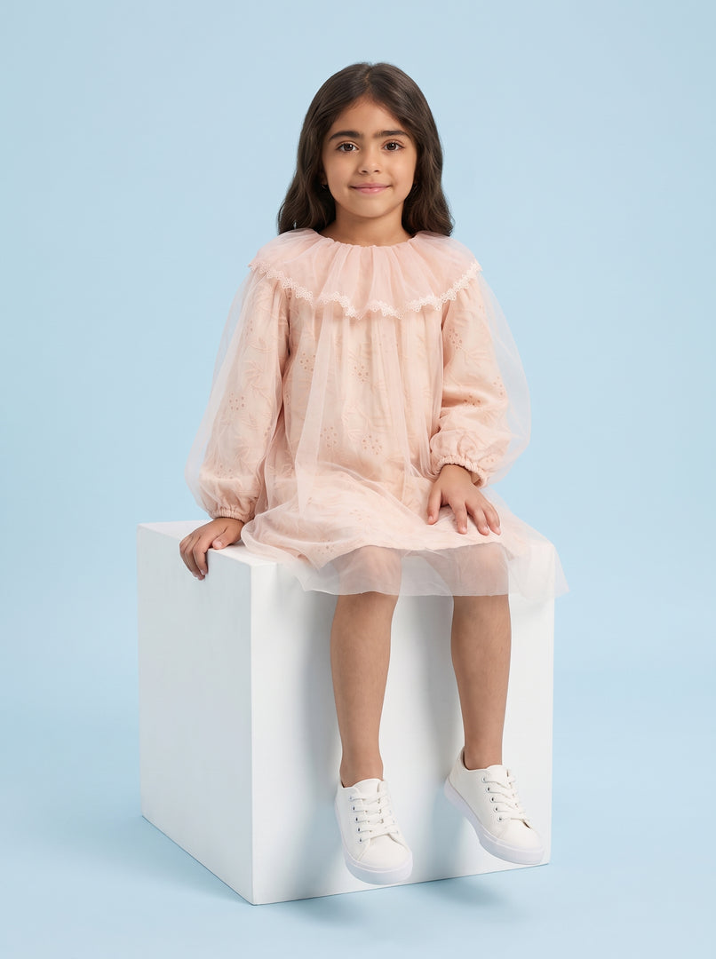 Pink Petal: Net & Cutlon Kids Frock 89341